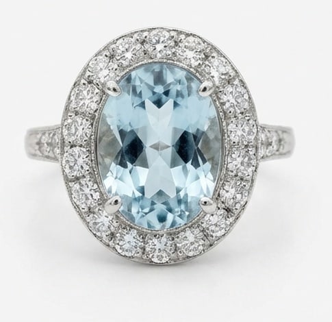 3.0 Ct Oval Natural Aquamarine 14K White Gold Vintage Halo with Engraved Shank Ring - Certified (1 of 4)