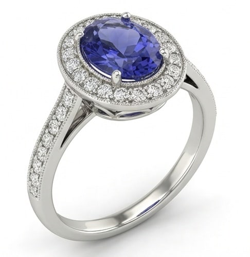 2.5 Ct Cushion Natural Tanzanite 14K White Gold Halo Setting with Gallery Detail Ring - Certified: This certified fine jewelry piece features a 2.5 carat natural Tanzanite in a Cushion cut, crafted in 14K White Gold. The Halo Setting with Gallery Detail design highlights the beauty of the natural c