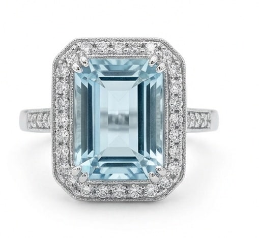 5.0 Ct Emerald Natural Aquamarine 14K White Gold Halo Setting with Pave Shank Ring - Certified: This certified fine jewelry piece features a 5.0 carat natural Aquamarine in a Emerald cut, crafted in 14K White Gold. The Halo Setting with Pave Shank design highlights the beauty of the natural cent