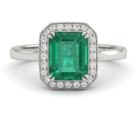 4.0 Ct Emerald Natural Emerald 14K White Gold Halo Setting with Plain Shank Ring - Certified: This certified fine jewelry piece features a 4.0 carat natural Emerald in a Emerald cut, crafted in 14K White Gold. The Halo Setting with Plain Shank design highlights the beauty of the natural center