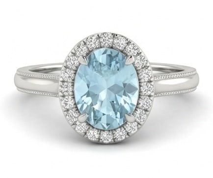 3.0 Ct Oval Natural Aquamarine 14K White Gold Vintage Halo (Milgrain Detail) Ring - Certified: This certified fine jewelry piece features a 3.0 carat natural Aquamarine in a Oval cut, crafted in 14K White Gold. The Vintage Halo (Milgrain Detail) design highlights the beauty of the natural cente