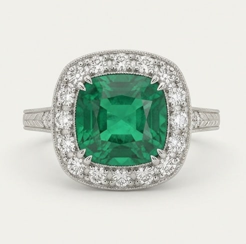 3.5 Ct Cushion Natural Emerald 14K White Gold Vintage Halo with Engraved Shank Ring - Certified: This certified fine jewelry piece features a 3.5 carat natural Emerald in a Cushion cut, crafted in 14K White Gold. The Vintage Halo with Engraved Shank design highlights the beauty of the natural cen