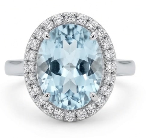 5.0 Ct Oval Natural Aquamarine 14K White Gold Halo Setting with Plain Shank Ring - Certified: This certified fine jewelry piece features a 5.0 carat natural Aquamarine in a Oval cut, crafted in 14K White Gold. The Halo Setting with Plain Shank design highlights the beauty of the natural center
