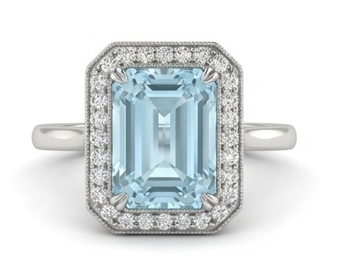 5.0 Ct Emerald Natural Aquamarine 14K White Gold Halo Setting with Milgrain Detail Ring - Certified: This certified fine jewelry piece features a 5.0 carat natural Aquamarine in a Emerald cut, crafted in 14K White Gold. The Halo Setting with Milgrain Detail design highlights the beauty of the natural