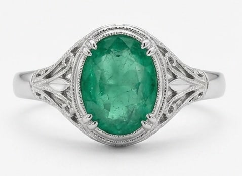 4.5 Ct Oval Natural Emerald 14K White Gold Vintage Solitaire with Filigree Ring - Certified: This certified fine jewelry piece features a 4.5 carat natural Emerald in a Oval cut, crafted in 14K White Gold. The Vintage Solitaire with Filigree design highlights the beauty of the natural center 