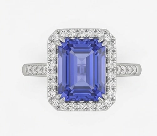 3.0 Ct Emerald Natural Tanzanite 14K White Gold Halo Setting with Split Shank Ring - Certified: This certified fine jewelry piece features a 3.0 carat natural Tanzanite in a Emerald cut, crafted in 14K White Gold. The Halo Setting with Split Shank design highlights the beauty of the natural cent
