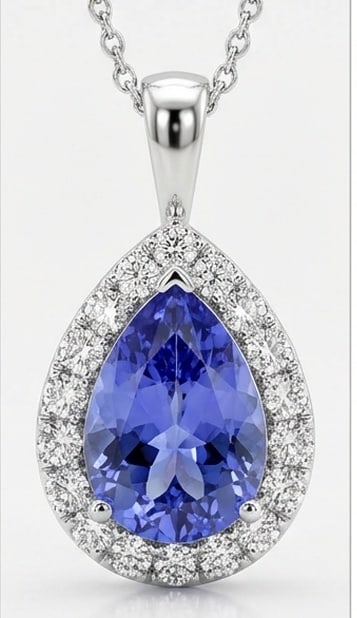 4.0 Ct Pear Natural Tanzanite 14K White Gold Pendant with Halo - Certified: This certified fine jewelry piece features a 4.0 carat natural Tanzanite in a Pear cut, crafted in 14K White Gold. The Pendant with Halo design highlights the beauty of the natural center stone. It is