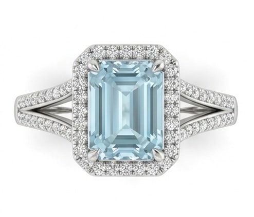 5.0 Ct Emerald Natural Aquamarine 14K White Gold Halo Setting with Split Shank Ring - Certified: This certified fine jewelry piece features a 5.0 carat natural Aquamarine in a Emerald cut, crafted in 14K White Gold. The Halo Setting with Split Shank design highlights the beauty of the natural cen