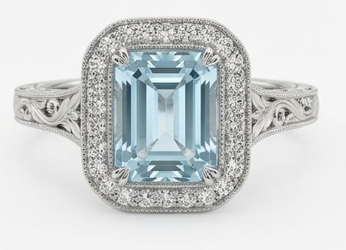 3.5 Ct Emerald Natural Aquamarine 14K White Gold Halo Setting with Vintage Shank Ring - Certified: This certified fine jewelry piece features a 3.5 carat natural Aquamarine in a Emerald cut, crafted in 14K White Gold. The Halo Setting with Vintage Shank design highlights the beauty of the natural c