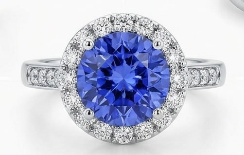 3.0 Ct Round Natural Tanzanite 14K White Gold Halo Setting with Scroll Gallery Ring - Certified: This certified fine jewelry piece features a 3.0 carat natural Tanzanite in a Round cut, crafted in 14K White Gold. The Halo Setting with Scroll Gallery design highlights the beauty of the natural cen