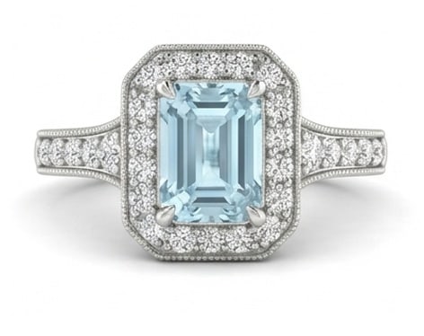 3.5 Ct Emerald Natural Aquamarine 14K White Gold Halo Setting with Split Shank Ring - Certified: This certified fine jewelry piece features a 3.5 carat natural Aquamarine in a Emerald cut, crafted in 14K White Gold. The Halo Setting with Split Shank design highlights the beauty of the natural cen