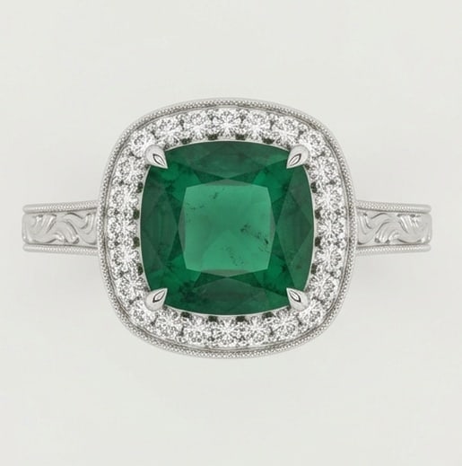 4.0 Ct Cushion Natural Emerald 14K White Gold Vintage Halo with Engraving Ring - Certified: This certified fine jewelry piece features a 4.0 carat natural Emerald in a Cushion cut, crafted in 14K White Gold. The Vintage Halo with Engraving design highlights the beauty of the natural center s