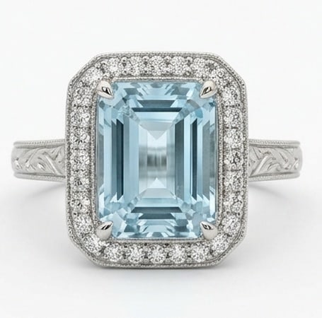 4.5 Ct Emerald Natural Aquamarine 14K White Gold Halo Setting with Vintage Shank Ring - Certified: This certified fine jewelry piece features a 4.5 carat natural Aquamarine in a Emerald cut, crafted in 14K White Gold. The Halo Setting with Vintage Shank design highlights the beauty of the natural c