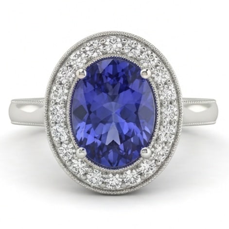 3.5 Ct Oval Natural Tanzanite 14K White Gold Halo Setting (Milgrain Detail) Ring - Certified: This certified fine jewelry piece features a 3.5 carat natural Tanzanite in a Oval cut, crafted in 14K White Gold. The Halo Setting (Milgrain Detail) design highlights the beauty of the natural center