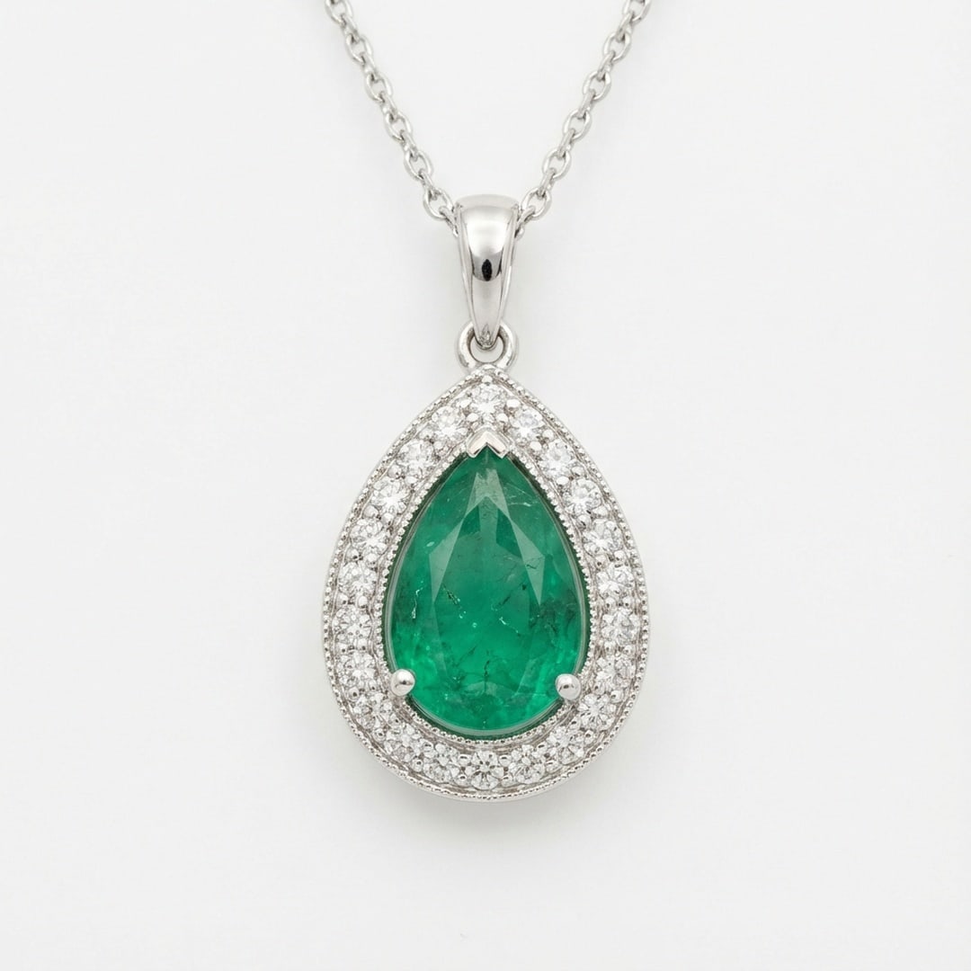 2.0 Ct Pear Natural Emerald 14K White Gold Halo Pendant - Certified: This certified fine jewelry piece features a 2.0 carat natural Emerald in a Pear cut, crafted in 14K White Gold. The Halo Pendant design highlights the beauty of the natural center stone. It is accent