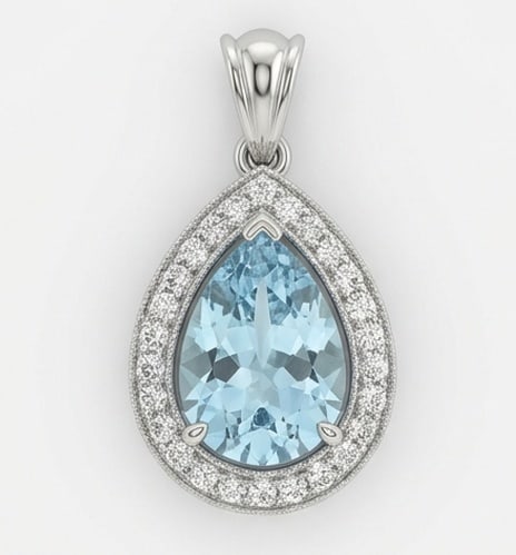 3.0 Ct Pear Natural Aquamarine 14K White Gold Halo Pendant - Certified: This certified fine jewelry piece features a 3.0 carat natural Aquamarine in a Pear cut, crafted in 14K White Gold. The Halo Pendant design highlights the beauty of the natural center stone. It is acc