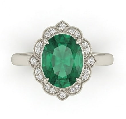 3.5 Ct Oval Natural Emerald 14K White Gold Vintage Scalloped/Floral Halo Ring - Certified: This certified fine jewelry piece features a 3.5 carat natural Emerald in a Oval cut, crafted in 14K White Gold. The Vintage Scalloped/Floral Halo design highlights the beauty of the natural center st