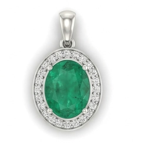 3.5 Ct Oval Natural Emerald 14K White Gold Halo Pendant - Certified: This certified fine jewelry piece features a 3.5 carat natural Emerald in a Oval cut, crafted in 14K White Gold. The Halo Pendant design highlights the beauty of the natural center stone. It is accent