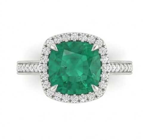 4.0 Ct Cushion Natural Emerald 14K White Gold Halo Setting with Pave Shank Ring - Certified: This certified fine jewelry piece features a 4.0 carat natural Emerald in a Cushion cut, crafted in 14K White Gold. The Halo Setting with Pave Shank design highlights the beauty of the natural center 