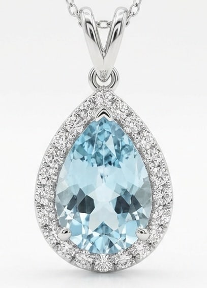 3.5 Ct Pear Natural Aquamarine 14K White Gold Pendant with Halo - Certified: This certified fine jewelry piece features a 3.5 carat natural Aquamarine in a Pear cut, crafted in 14K White Gold. The Pendant with Halo design highlights the beauty of the natural center stone. It i