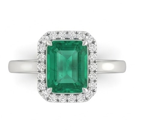 3.5 Ct Emerald Natural Emerald 14K White Gold Halo Setting with Plain Shank Ring - Certified: This certified fine jewelry piece features a 3.5 carat natural Emerald in a Emerald cut, crafted in 14K White Gold. The Halo Setting with Plain Shank design highlights the beauty of the natural center