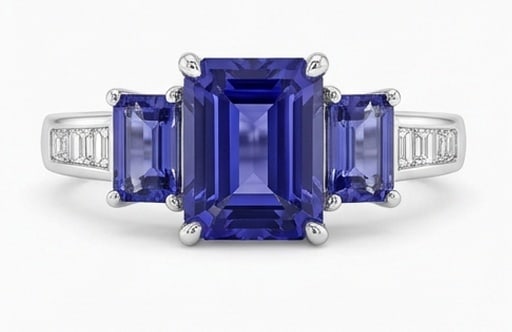 3.0 Ct Emerald Natural Tanzanite 14K White Gold Three-Stone (Tanzanite Sides) Ring - Certified: This certified fine jewelry piece features a 3.0 carat natural Tanzanite in a Emerald cut, crafted in 14K White Gold. The Three-Stone (Tanzanite Sides) design highlights the beauty of the natural cent