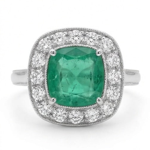 2.5 Ct Cushion Natural Emerald 14K White Gold Vintage Halo Setting Ring - Certified: This certified fine jewelry piece features a 2.5 carat natural Emerald in a Cushion cut, crafted in 14K White Gold. The Vintage Halo Setting design highlights the beauty of the natural center stone. I