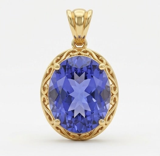 3.0 Ct Oval Natural Tanzanite 14K Yellow Gold Vintage Scroll Pendant - Certified: This certified fine jewelry piece features a 3.0 carat natural Tanzanite in a Oval cut, crafted in 14K Yellow Gold. The Vintage Scroll Pendant design highlights the beauty of the natural center stone.