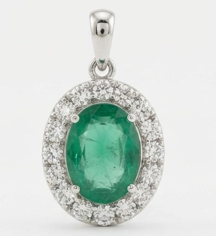 2.0 Ct Oval Natural Emerald 14K White Gold Pendant with Halo - Certified: This certified fine jewelry piece features a 2.0 carat natural Emerald in a Oval cut, crafted in 14K White Gold. The Pendant with Halo design highlights the beauty of the natural center stone. It is a