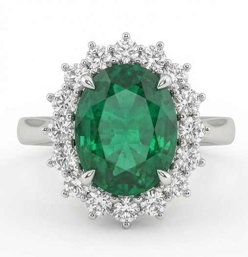 3.0 Ct Oval Natural Emerald 14K White Gold Starburst / Floral Halo Ring - Certified: This certified fine jewelry piece features a 3.0 carat natural Emerald in a Oval cut, crafted in 14K White Gold. The Starburst / Floral Halo design highlights the beauty of the natural center stone. I