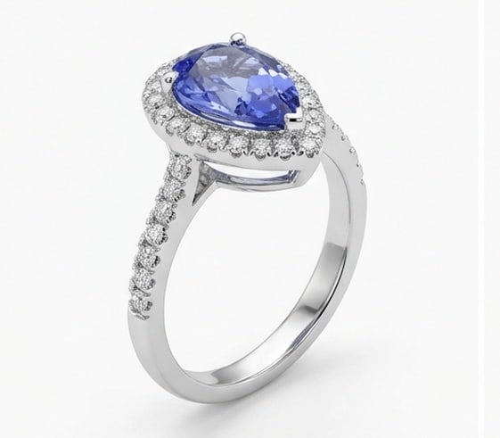 2.5 Ct Pear Natural Tanzanite 14K White Gold Halo Setting with Pave Shank Ring - Certified: This certified fine jewelry piece features a 2.5 carat natural Tanzanite in a Pear cut, crafted in 14K White Gold. The Halo Setting with Pave Shank design highlights the beauty of the natural center s