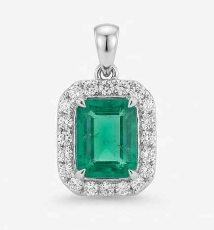2.5 Ct Emerald Natural Emerald 14K White Gold Halo Pendant - Certified: This certified fine jewelry piece features a 2.5 carat natural Emerald in a Emerald cut, crafted in 14K White Gold. The Halo Pendant design highlights the beauty of the natural center stone. It is acc