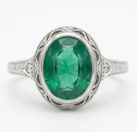 3.0 Ct Oval Natural Emerald 14K White Gold Vintage Solitaire (Split Shank) Ring - Certified: This certified fine jewelry piece features a 3.0 carat natural Emerald in a Oval cut, crafted in 14K White Gold. The Vintage Solitaire (Split Shank) design highlights the beauty of the natural center 