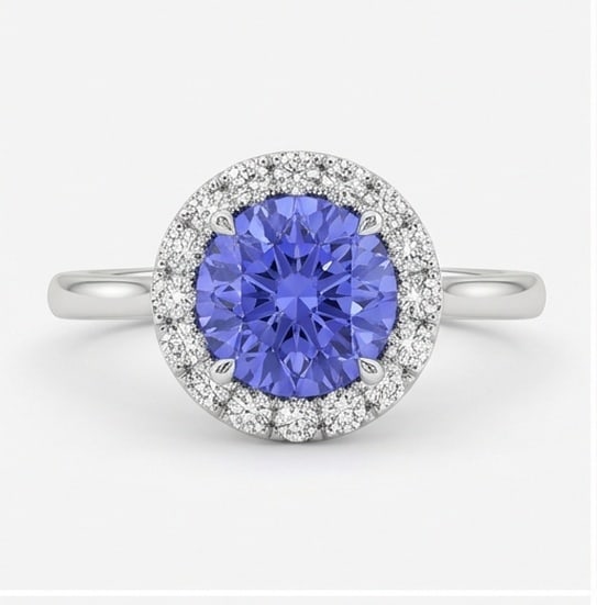 2.0 Ct Round Natural Tanzanite 14K White Gold Halo Setting with Plain Shank Ring - Certified: This certified fine jewelry piece features a 2.0 carat natural Tanzanite in a Round cut, crafted in 14K White Gold. The Halo Setting with Plain Shank design highlights the beauty of the natural center