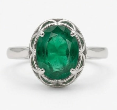3.0 Ct Oval Natural Emerald 14K White Gold Vintage Bezel/Scalloped Setting Ring - Certified: This certified fine jewelry piece features a 3.0 carat natural Emerald in a Oval cut, crafted in 14K White Gold. The Vintage Bezel/Scalloped Setting design highlights the beauty of the natural center 