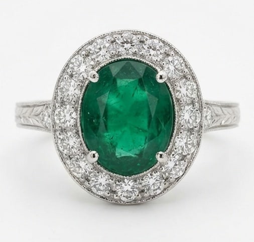 2.0 Ct Oval Natural Emerald 14K White Gold Vintage Halo with Engraved Shank Ring - Certified: This certified fine jewelry piece features a 2.0 carat natural Emerald in a Oval cut, crafted in 14K White Gold. The Vintage Halo with Engraved Shank design highlights the beauty of the natural center