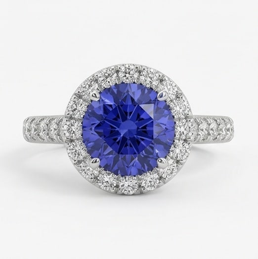 2.5 Ct Round Natural Tanzanite 14K White Gold Halo Setting with Pave Shank Ring - Certified: This certified fine jewelry piece features a 2.5 carat natural Tanzanite in a Round cut, crafted in 14K White Gold. The Halo Setting with Pave Shank design highlights the beauty of the natural center 