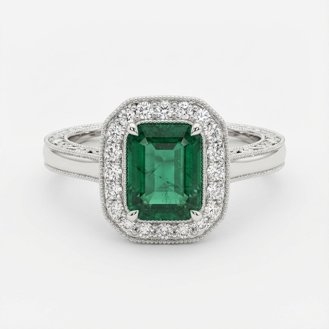 2.0 Ct Emerald Natural Emerald 14K White Gold Halo Setting with Vintage Shank Ring - Certified: This certified fine jewelry piece features a 2.0 carat natural Emerald in a Emerald cut, crafted in 14K White Gold. The Halo Setting with Vintage Shank design highlights the beauty of the natural cent