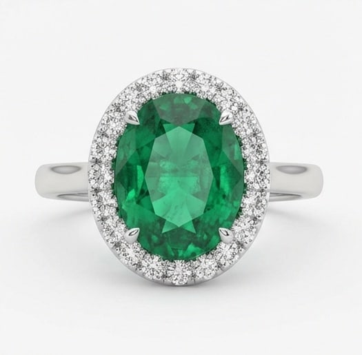 3.5 Ct Oval Natural Emerald 14K White Gold Halo Setting with Plain Shank Ring - Certified: This certified fine jewelry piece features a 3.5 carat natural Emerald in a Oval cut, crafted in 14K White Gold. The Halo Setting with Plain Shank design highlights the beauty of the natural center st