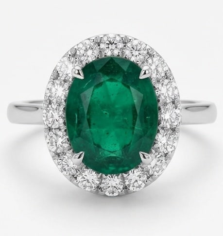 3.0 Ct Oval Natural Emerald 14K White Gold Halo Setting with Plain Shank Ring - Certified: This certified fine jewelry piece features a 3.0 carat natural Emerald in a Oval cut, crafted in 14K White Gold. The Halo Setting with Plain Shank design highlights the beauty of the natural center st