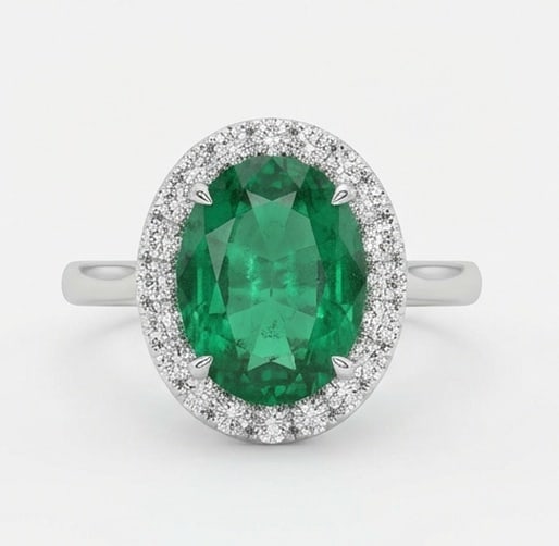2.5 Ct Oval Natural Emerald 14K White Gold Halo Setting with Plain Shank Ring - Certified: This certified fine jewelry piece features a 2.5 carat natural Emerald in a Oval cut, crafted in 14K White Gold. The Halo Setting with Plain Shank design highlights the beauty of the natural center st