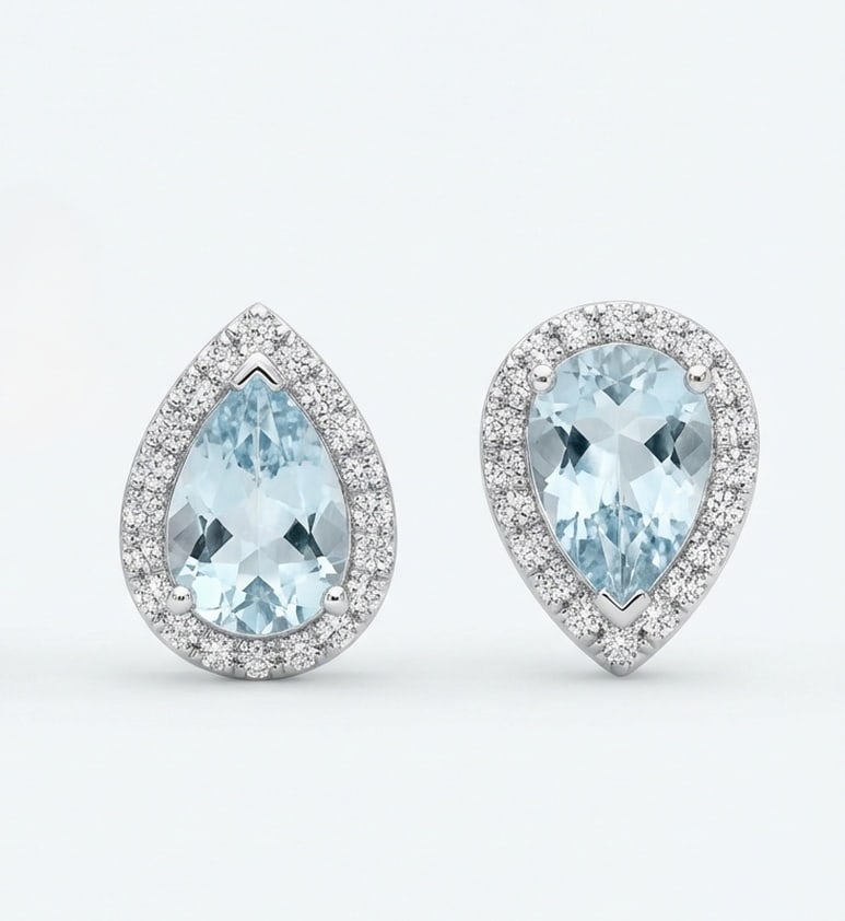 2.0 Ct Pear Natural (Pair) 14K White Gold Halo Stud Earrings - Certified (1 of 2)