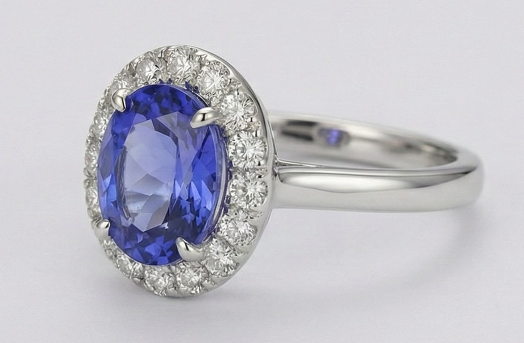 2.0 Ct Oval Natural Tanzanite 14K White Gold Halo Setting with Plain Shank Ring - Certified: This certified fine jewelry piece features a 2.0 carat natural Tanzanite in a Oval cut, crafted in 14K White Gold. The Halo Setting with Plain Shank design highlights the beauty of the natural center 