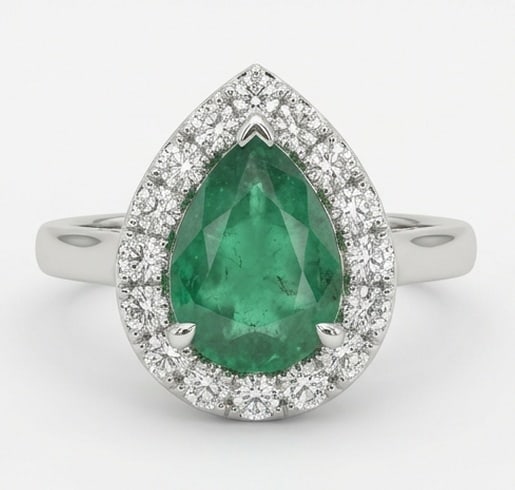 2.5 Ct Pear Natural Emerald 14K White Gold Halo Setting with Plain Shank Ring - Certified: This certified fine jewelry piece features a 2.5 carat natural Emerald in a Pear cut, crafted in 14K White Gold. The Halo Setting with Plain Shank design highlights the beauty of the natural center st