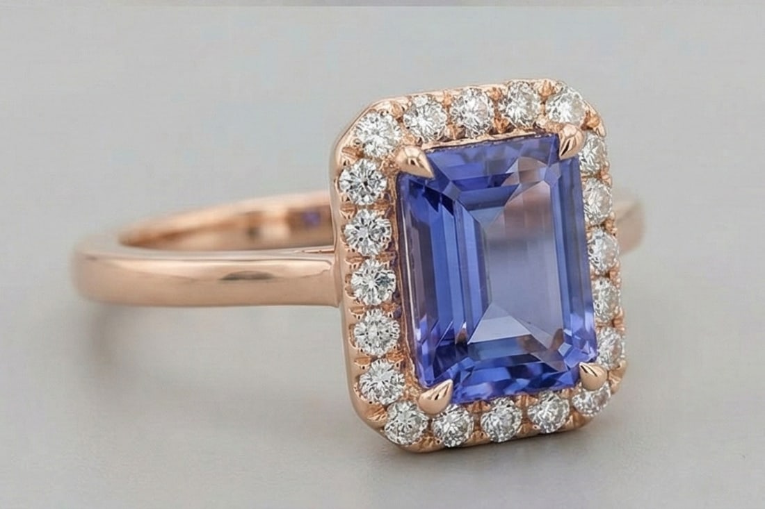2.0 Ct Emerald Natural Tanzanite 14K Rose Gold Halo Setting with Plain Shank Ring - Certified: This certified fine jewelry piece features a 2.0 carat natural Tanzanite in a Emerald cut, crafted in 14K Rose Gold. The Halo Setting with Plain Shank design highlights the beauty of the natural cente