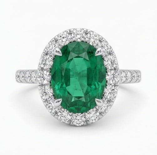 3.0 Ct Oval Natural Emerald 14K White Gold Halo Setting with Pave Shank Ring - Certified: This certified fine jewelry piece features a 3.0 carat natural Emerald in a Oval cut, crafted in 14K White Gold. The Halo Setting with Pave Shank design highlights the beauty of the natural center sto