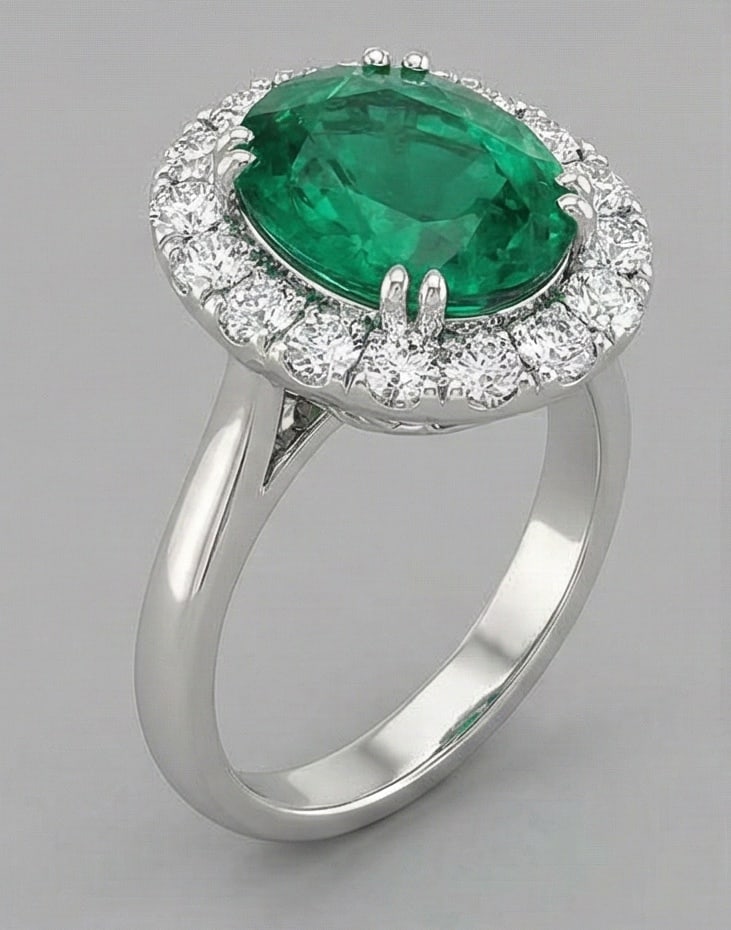 4.5 Ct Oval Natural Emerald 14K White Gold Halo Setting with Plain Shank Ring - Certified: This certified fine jewelry piece features a 4.5 carat natural Emerald in a Oval cut, crafted in 14K White Gold. The Halo Setting with Plain Shank design highlights the beauty of the natural center st