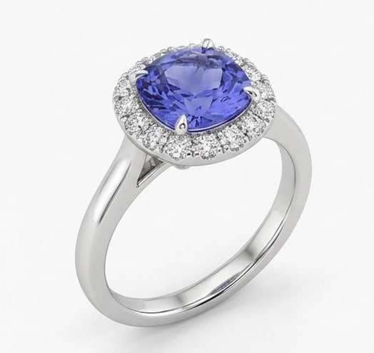 3.0 Ct Cushion Natural Tanzanite 14K White Gold Halo Setting with Split Shank Ring - Certified: This certified fine jewelry piece features a 3.0 carat natural Tanzanite in a Cushion cut, crafted in 14K White Gold. The Halo Setting with Split Shank design highlights the beauty of the natural cent