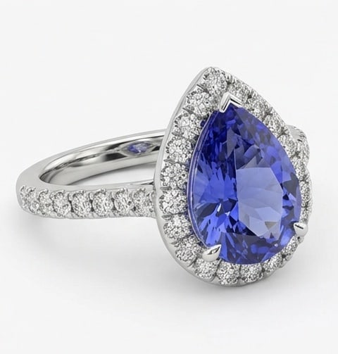 3.5 Ct Pear Natural Tanzanite 14K White Gold Halo Setting with Pave Shank Ring - Certified: This certified fine jewelry piece features a 3.5 carat natural Tanzanite in a Pear cut, crafted in 14K White Gold. The Halo Setting with Pave Shank design highlights the beauty of the natural center s