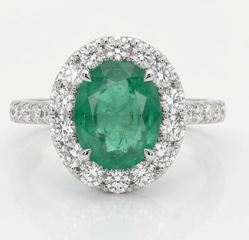 2.5 Ct Oval Natural Emerald 14K White Gold Halo Setting with Pave Shank Ring - Certified: This certified fine jewelry piece features a 2.5 carat natural Emerald in a Oval cut, crafted in 14K White Gold. The Halo Setting with Pave Shank design highlights the beauty of the natural center sto